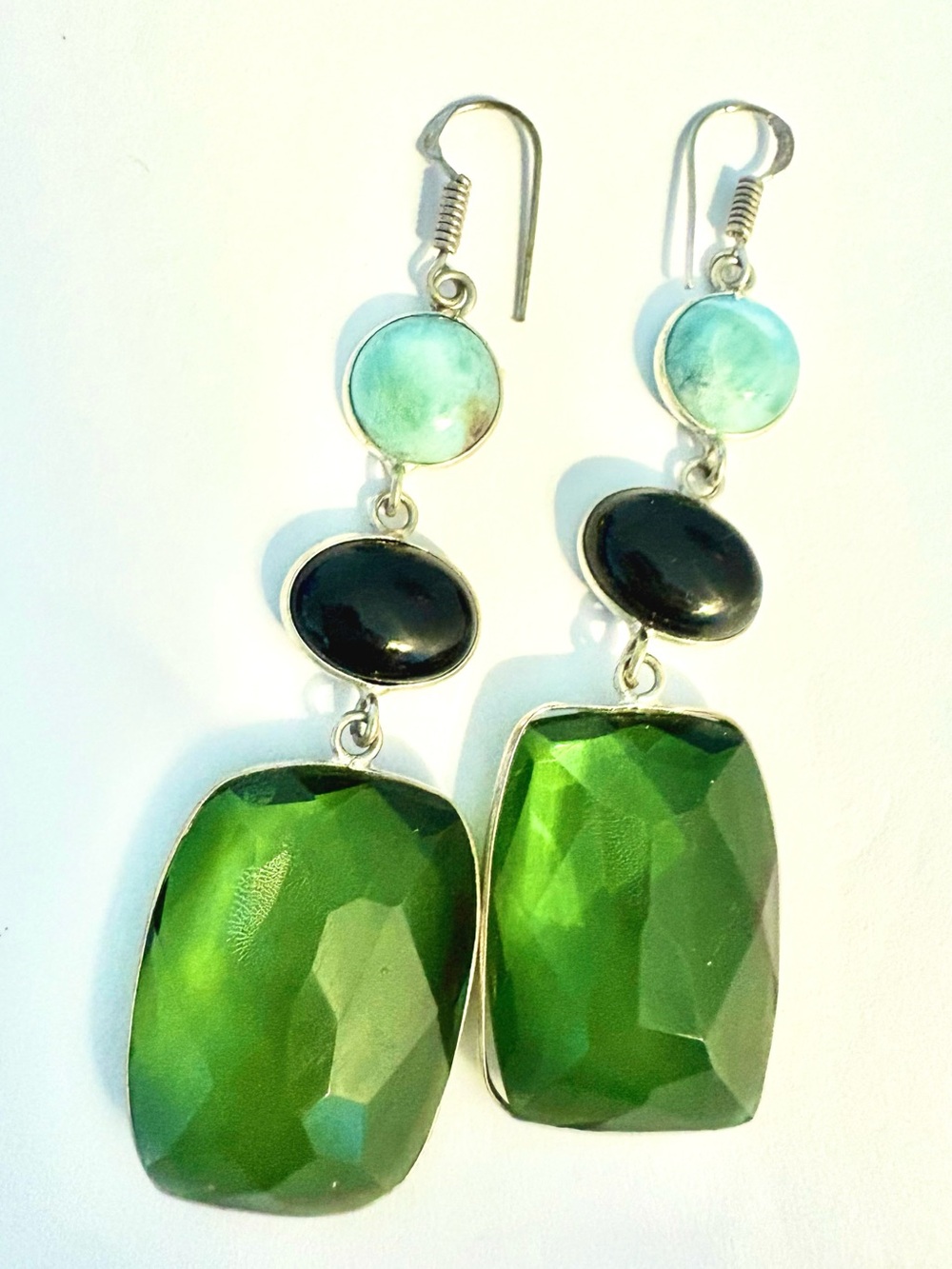 Beautiful, 3 inch, Peridot, Onyx and Larimar earrings